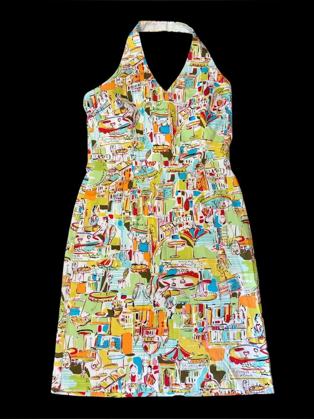 Miss Dorby Vintage Theme Novelty Print Halter Sundress Size 14 97% Cotton Resort
